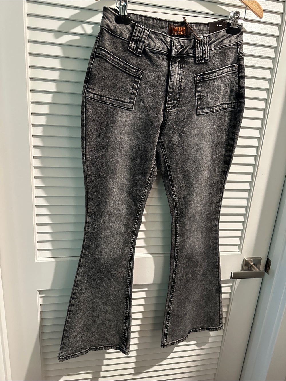 NWT CREST Five Pockets Black Acid Wash Double Loop Bootcut Jeans.
